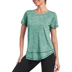 🆕Women Green Polyester Workout  Short Sleeve Athletic Gym Running T Shirt